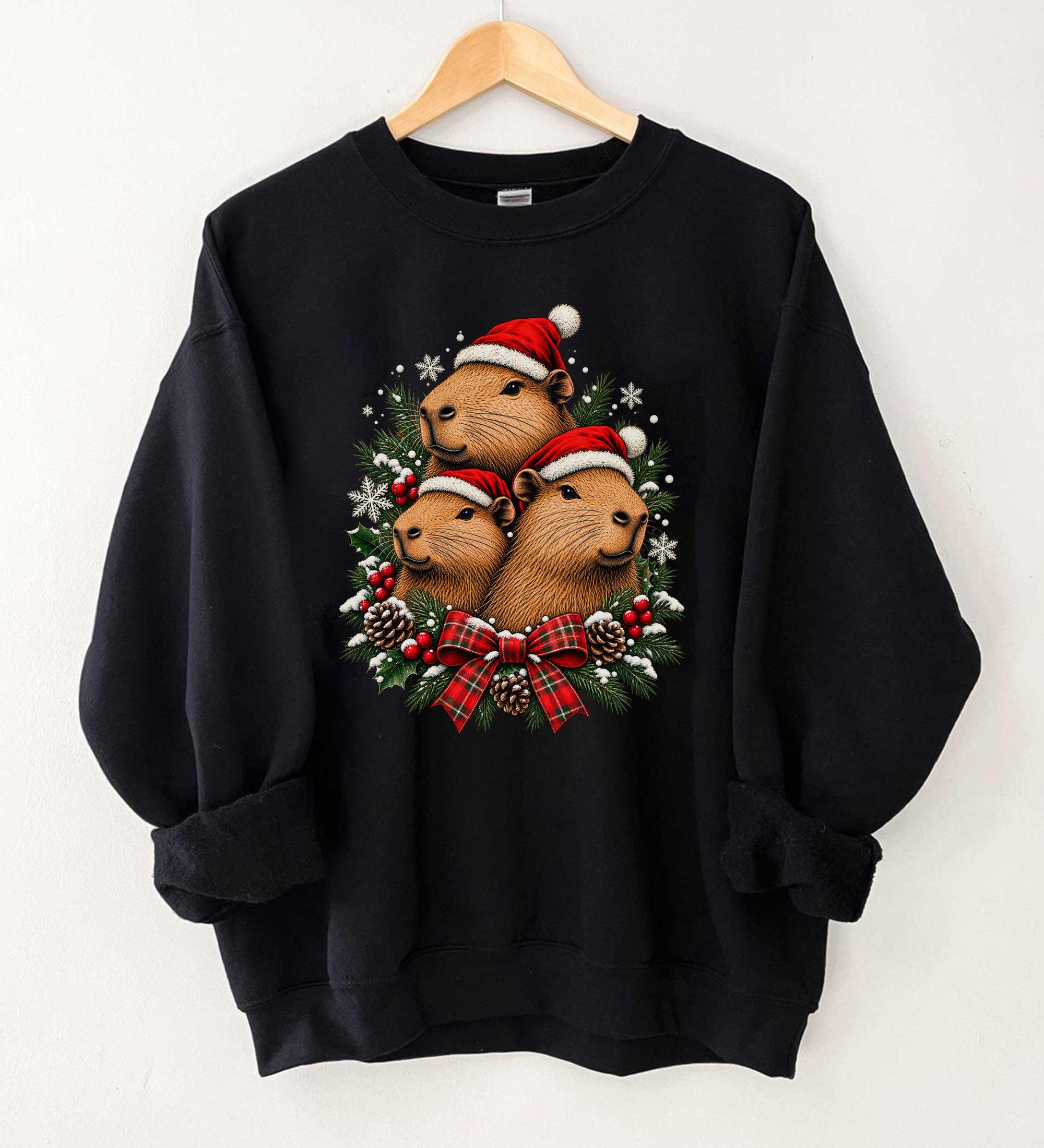 Capybara Christmas Sweatshirt Cute Santa Hat Capybara Graphic Holiday Gift For Animal Lovers