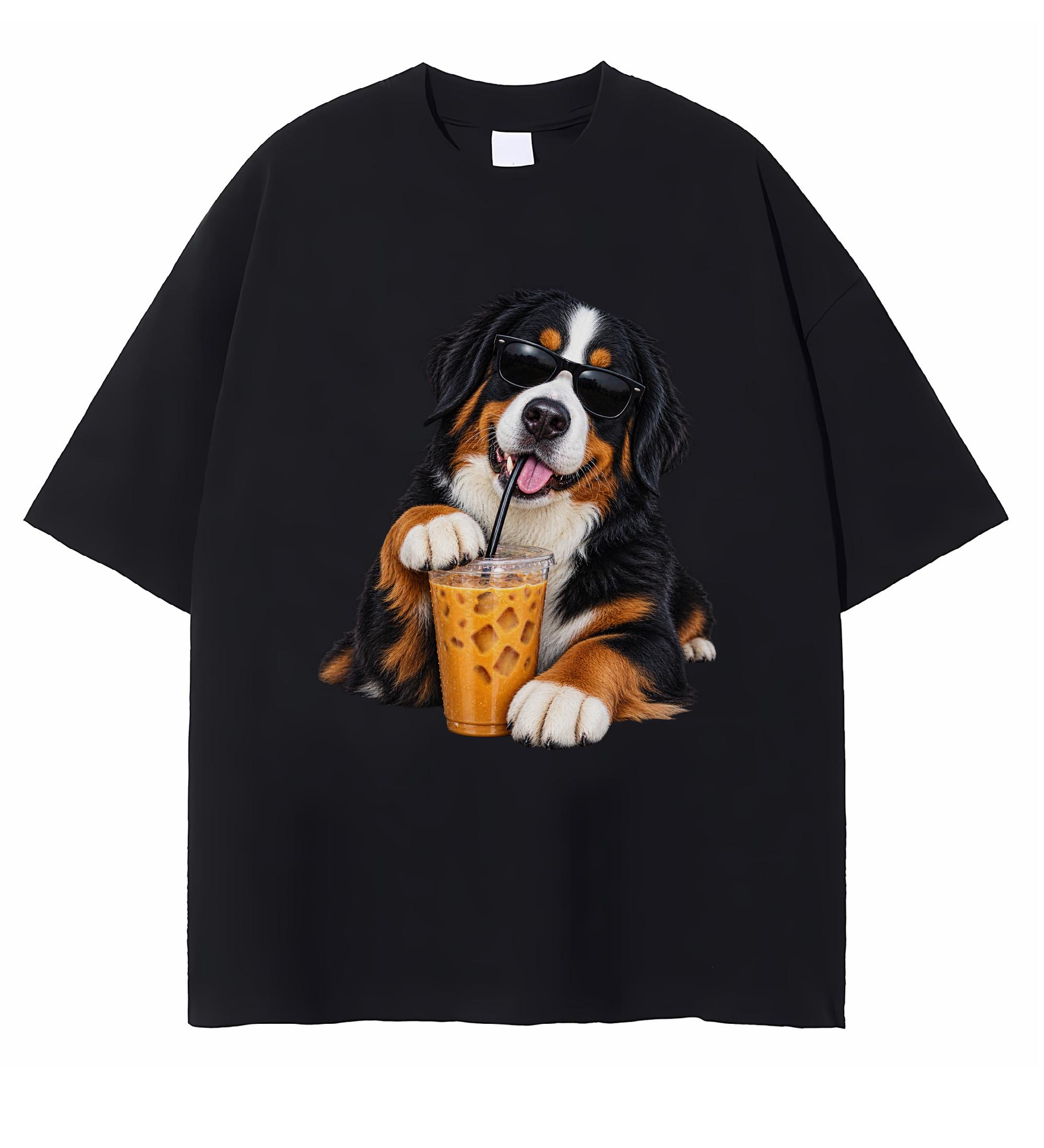 Bernese Mountain Dog Drinking Iced Coffee T-shirt Funny Dog Art Graphic Tee Dog Mom Gift
