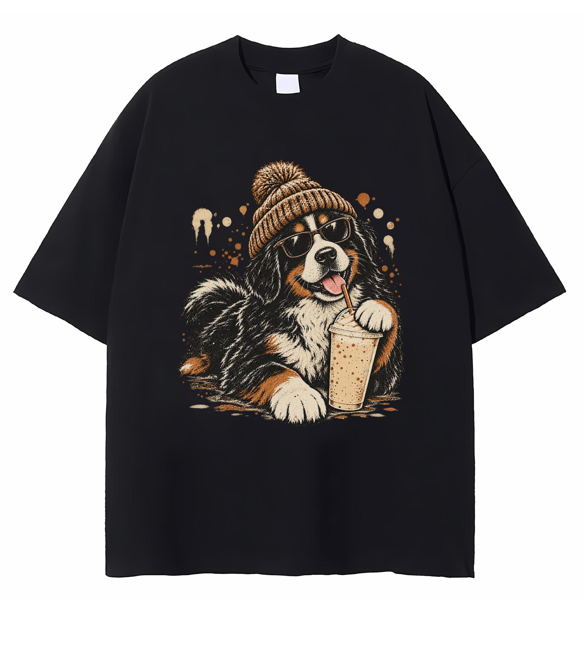 Bernese Mountain Dog Drinking Iced Coffee T-shirt Funny Dog Graphic Tee Coffee Lover Gift