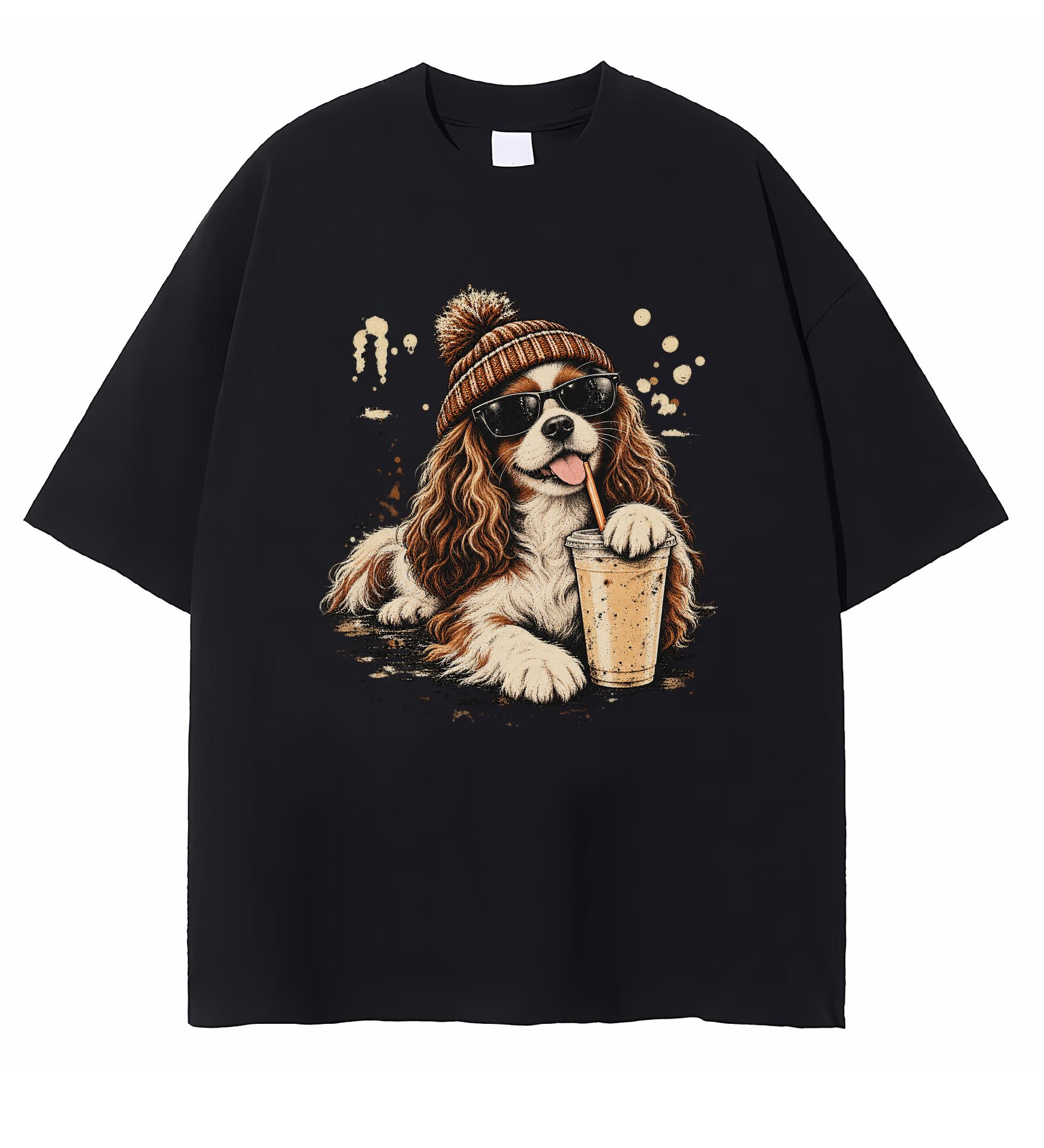 Cavalier King Charles Spaniel Drinking Iced Coffee T-shirt Funny Dog Graphic Tee Dog Lover Gift