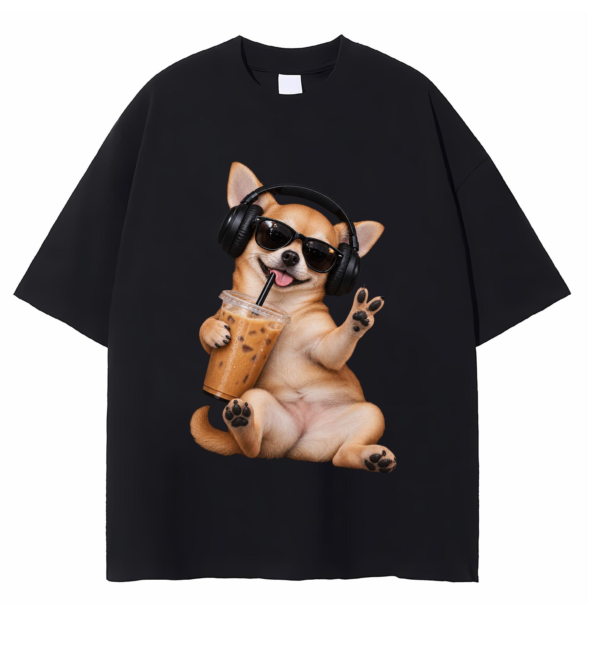 Chihuahua Drinking Iced Coffee T-shirt Funny Dog Meme Graphic Tee Coffee Lover Gift