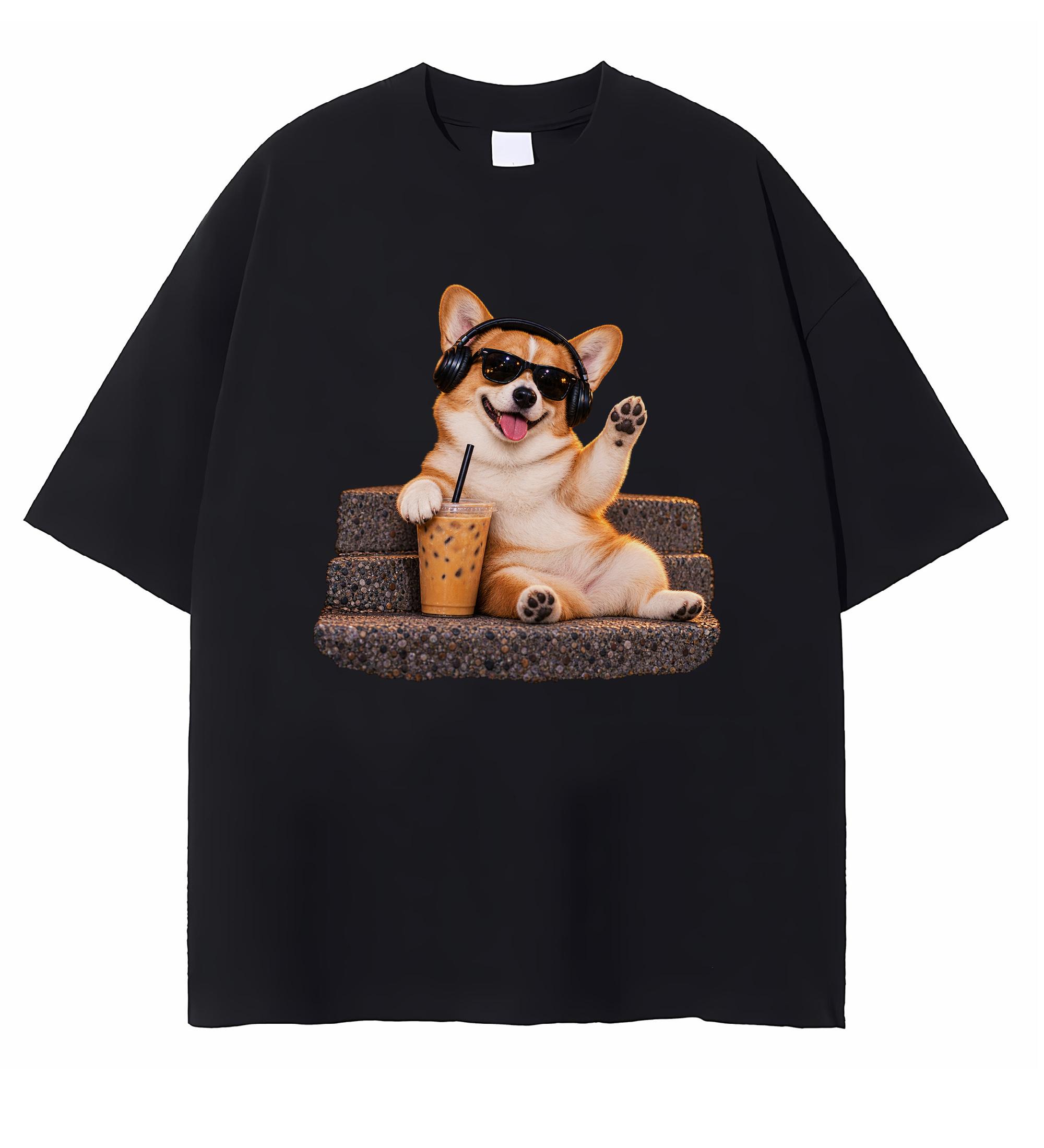 Corgi Drinking Iced Coffee T-shirt Funny Dog Meme Graphic Tee Coffee Lover Gift