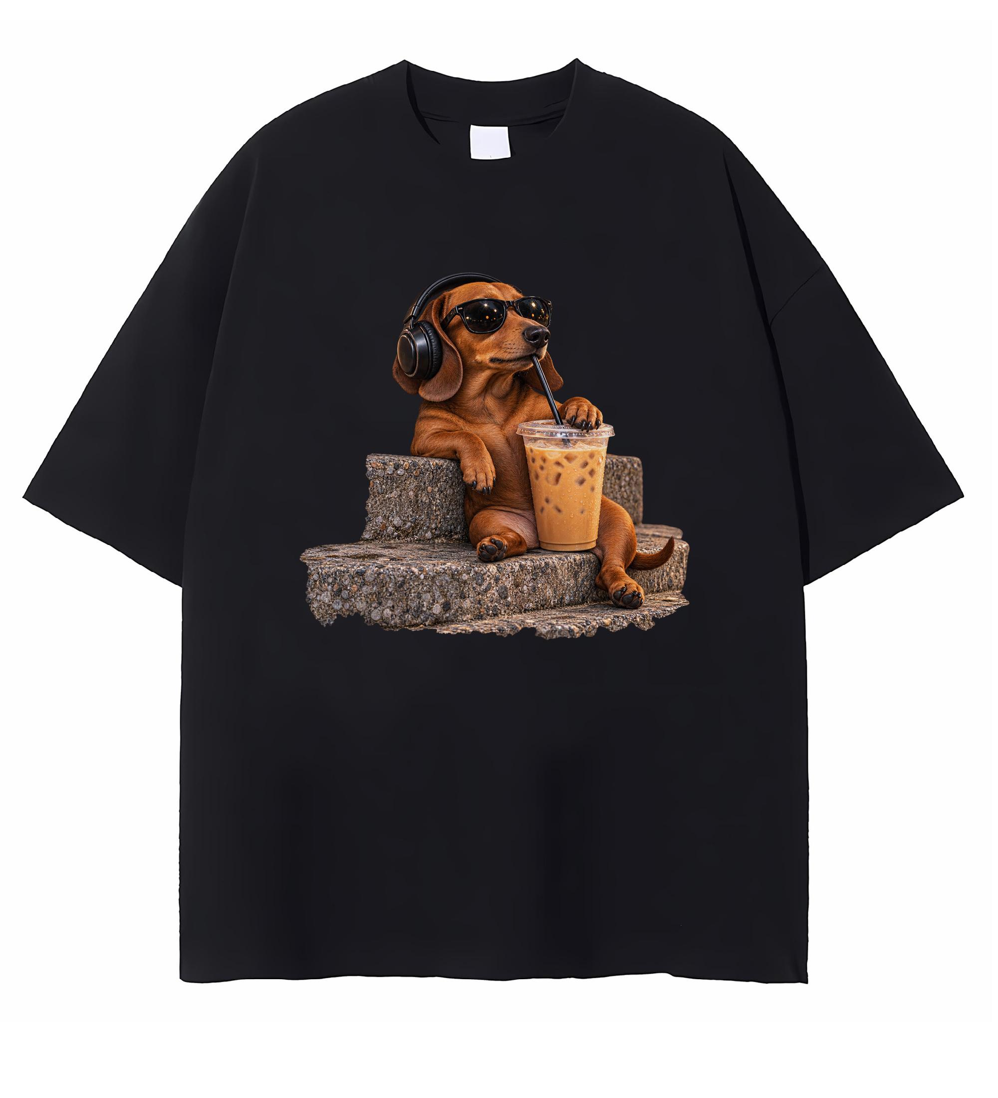 Dachshund Drinking Iced Coffee T-shirt Funny Wiener Dog Graphic Tee Coffee Lover Gift
