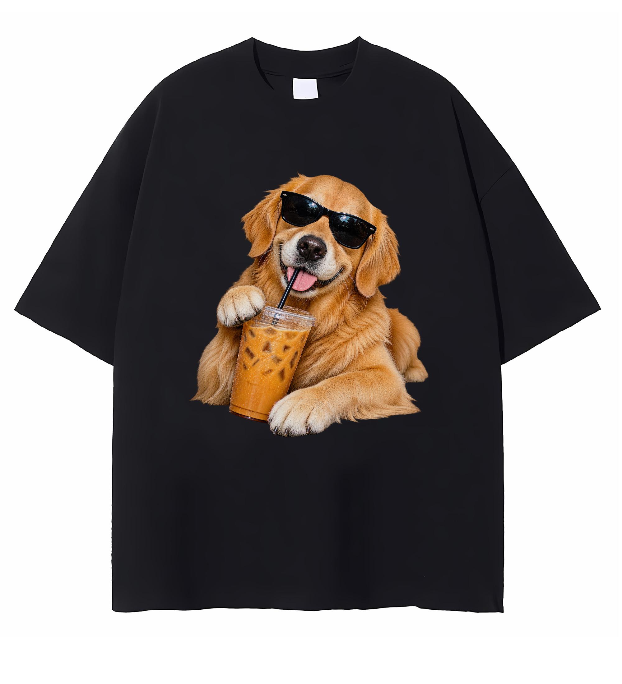 Golden Retriever Drinking Iced Coffee T-shirt Funny Dog Graphic Tee Dog Mom Gift