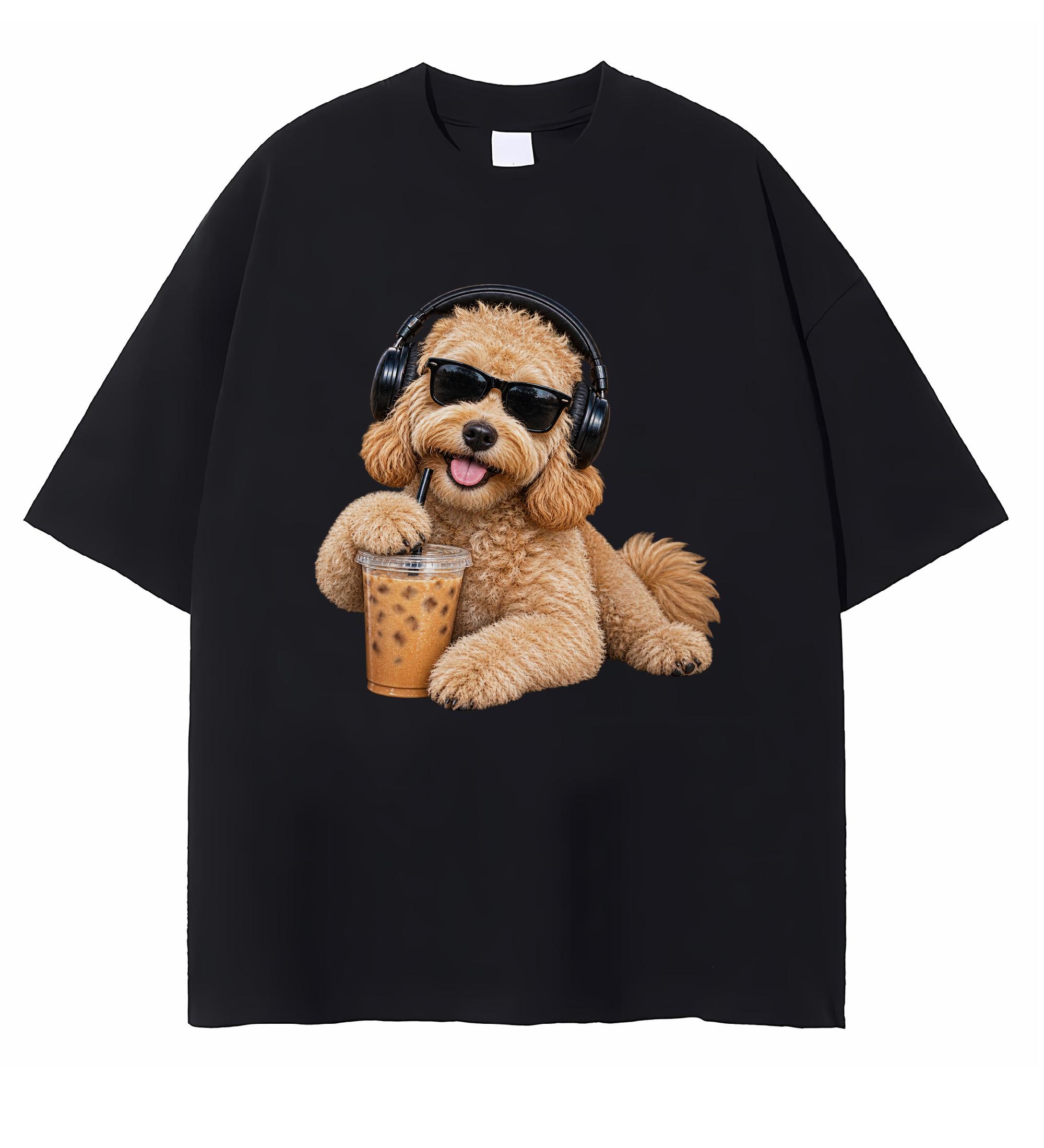 Goldendoodle Drinking Iced Coffee T-shirt Funny Dog Meme Graphic Tee Coffee Lover Gift